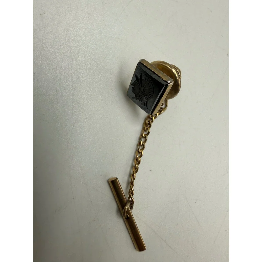Vintage Hematite Intaglio Centurion Tie Tack Gold Tone Roman Soldier Jewelry